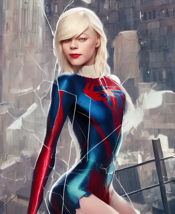 Image similar to gwen stacy female spiderman, pure white, au naturel, hyper detailed, digital art, radiant highlight, trending in artstation, cinematic lighting, studio quality, smooth render, unreal engine 5 rendered, octane rendered, art style by klimt and nixeu and ian sprigger and wlop and krenz cushart.