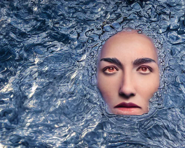 Prompt: water art manipulation of a realistic human head with open eyes burried in the ground, surreal, hyper realistic, ray tracing, realistic water, sharp focus, 8 k resolution, cinematic