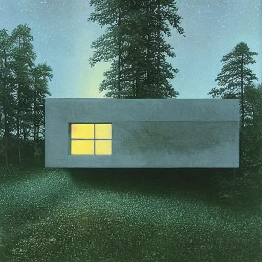 Image similar to atmospheric cozy futuristic organic white concrete house in the middle of a lush and dense forest at night, a beautiful lake next to it, night time, night sky, starry night sky, by Quint Buchholz