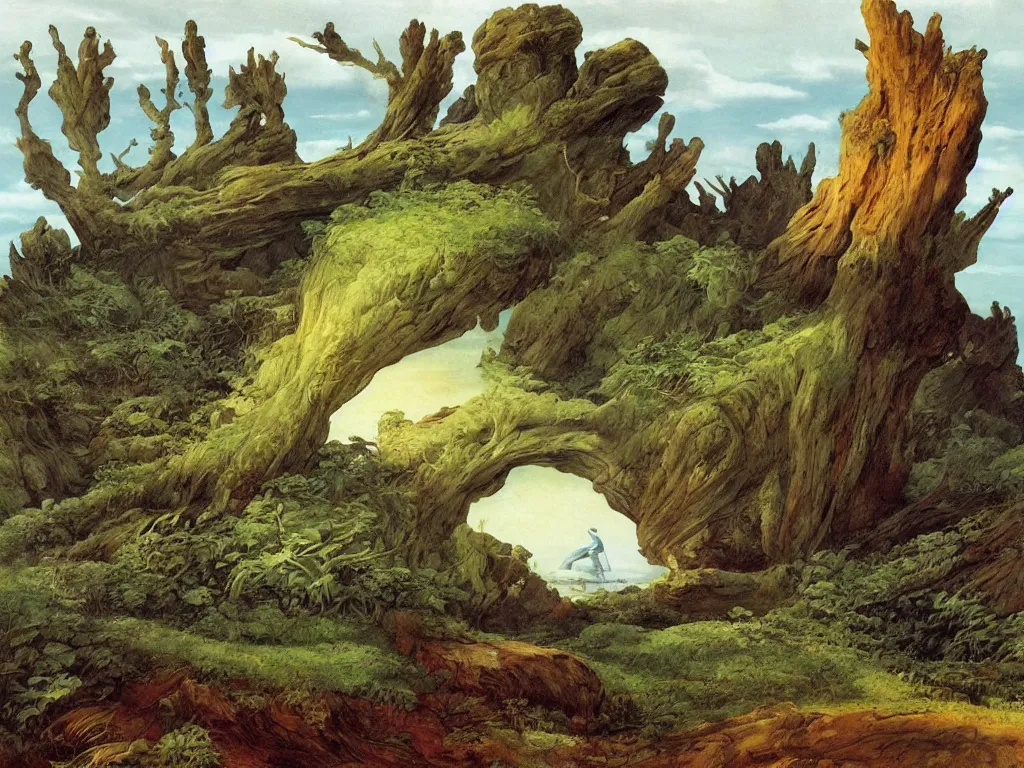 Image similar to Landscape hidden inside a conch shell. Long circular ridges, mollusk eyes. Painting by Roger Dean, Caspar David Friedrich, Walton Ford