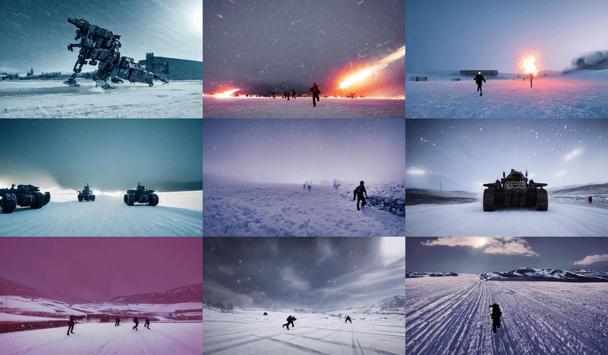 Prompt: armored core v running across the open snow field, booster flares, dark blue sky, empty snow field, snow, karst landscape, wide shot ; dynamic contrast, bokeh, motion blur, photoreal, cinematic, digital art by liam wong