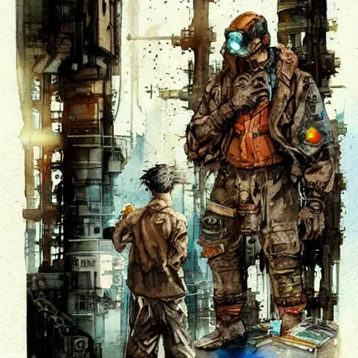 Image similar to watercolor of a cyberpunk mechanic, realistic, detailed, Industrial Scifi, in the style of Ashley Wood and Moebius