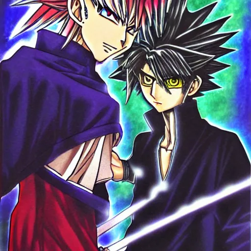 Image similar to portrait anime, manga drawing of yugi muto versus sauron by kazuki takahashi