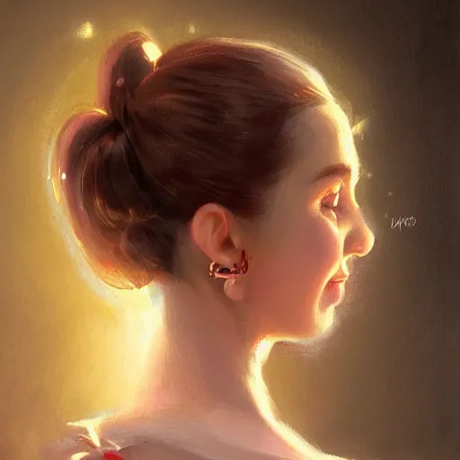 Prompt: portrait of girl, round face, brown hair, ponytails, half updo hairstyle, skinny, smile, attractive, small chin, wearing pink hair bow, earrings, intricate, elegant, glowing lights, highly detailed, digital painting, artstation, sharp focus, illustration, art by wlop, mars ravelo and greg rutkowski