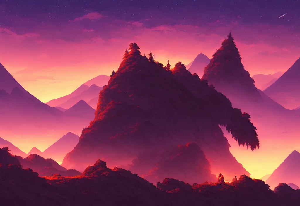 Prompt: mountains background at night, rocks, trees, castle, night sky, intricate oil painting, high detail illustration, sharp high detail, manga and anime 1 9 9 9, official fanart behance hd artstation by jesper ejsing and makoto shinkai, 4 k,