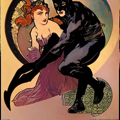 Prompt: portrait of catwoman and batman by Alphonse Mucha