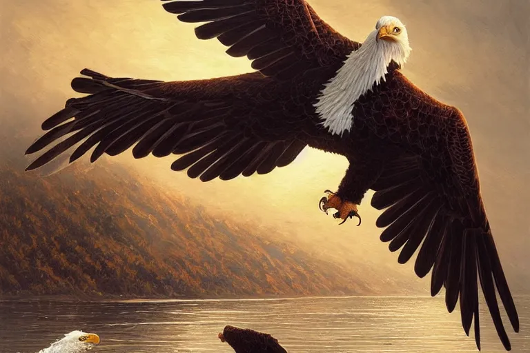 Prompt: bald eagle attacking steven seagal, intricate, elegant, highly detailed, digital painting, artstation, concept art, smooth, sharp focus, illustration, art by greg rutkowski, masterpiece, perfect composition, award - winning photography, cgsociety, patriotic