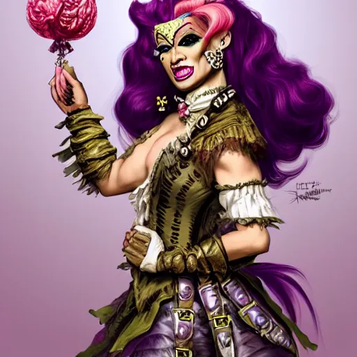 Image similar to d&d character artwork of an orc drag queen who is wearing a very girly prissy frilly rococo ballgown outfit and a huge rococo updo pouf wig, drag, girly, fabulous, D&D, fantasy artwork, highly detailed, digital painting, artstation, smooth, sharp focus, illustration, art by artgerm and greg rutkowski and alphonse mucha