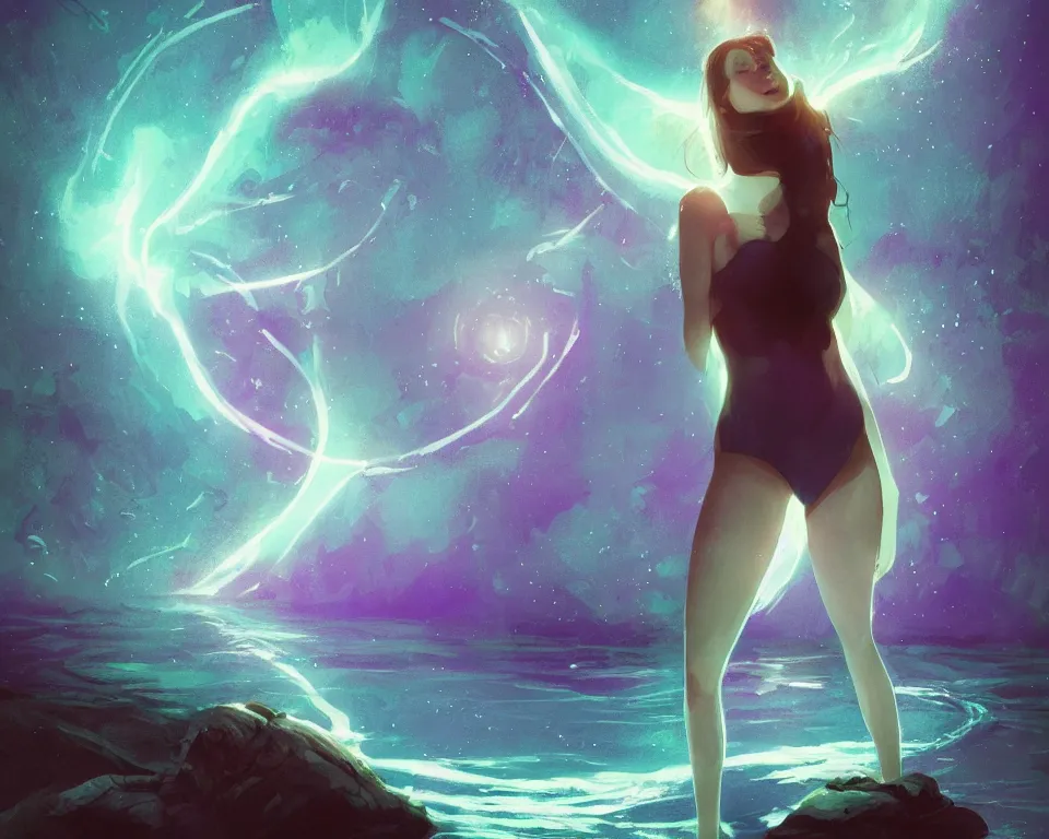 Prompt: beautiful seductive girl standing in a lake basking in the moonlight, using magic, under a multi-colored binary blackhole with an accretion disc, glowing trails following her arms, wearing professional makeup, acidwave, by Lois van Baarle, by Greg Rutkowski, by artgerm, by beeple, by studio ghibli, cinematic angle, volumetric lighting, 4k resolution, octane render, trending on artstation, masterpiece