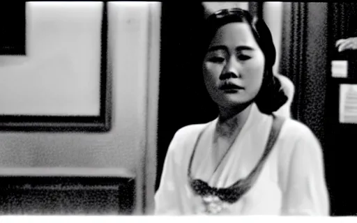 Prompt: A Filipino woman in a tuxedo vapes by the club entrance, film still, b&w, grainy, by F.W. Murnau, chiaroscuro