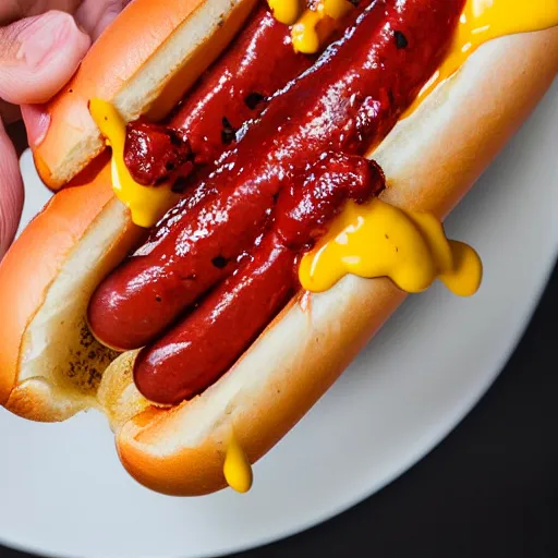 Prompt: A delicious hot dog on a plate, garnish, melted cheese, relish, mustard, chili, food photography, michelin star