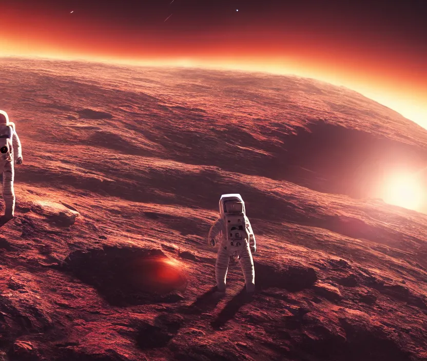 Image similar to a astronaut walking on a mountainous alien planet with a giant red planet with rings appearing in the sky at night, digital art, concept art, trending on DeviantArt, highly detailed, high quality, 8K, cinematic lighting