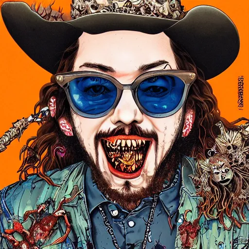 Prompt: portrait closeup of mad post malone as zombie wearing sunglasses and cowboy and guitars and spiders around, symmetrical, by yoichi hatakenaka, masamune shirow, josan gonzales and dan mumford, ayami kojima, takato yamamoto, barclay shaw, karol bak, yukito kishiro