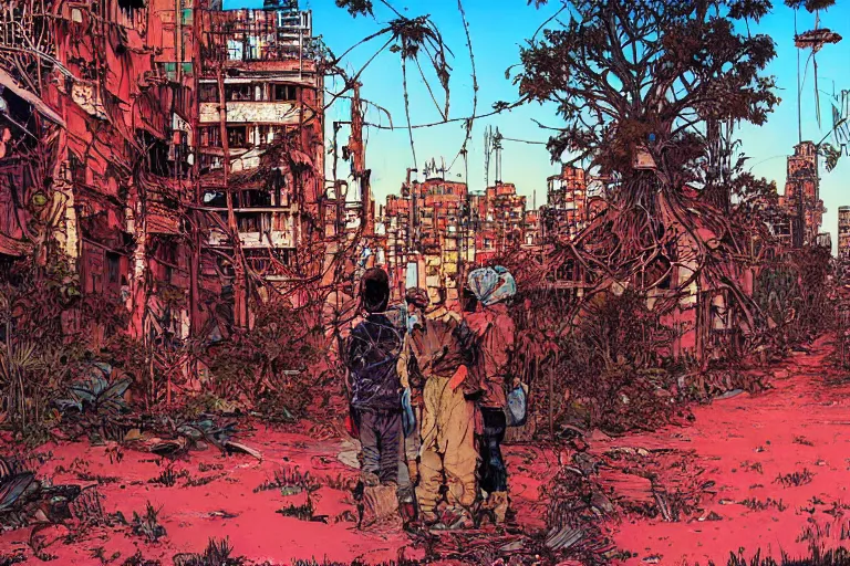 Prompt: on the street of abandoned town 2 people standing huddled together with spiny giant plants bursting through them, surreal, red sky, vivid colors, intricate design, painting by Laurie Greasley, part by Yoji Shinkawa, part by Norman Rockwell