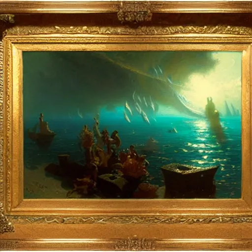 Image similar to point of view of deep in the ocean looking up, you see fishes, higher up you see very clearly the milk way illuminating the sea down bellow, night time. highly detailed painting by gaston bussiere, greg rutkowski 8 k