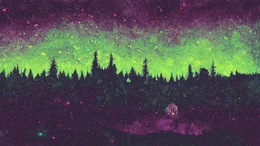 Prompt: a night sky, dark enclosed, winding hillside path!!!!!!, cozy, campfire, ((((aurora)))), quiet forest night scene, spangle, starlight 4k haunted psychedelic VHS glitch mixed media in the style of Hiroshi Yoshida and bill sienkiewicz