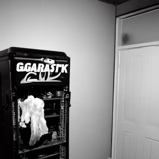 Image similar to grainy photo of a gatorade cooler as a creepy monster in a closet, harsh flash