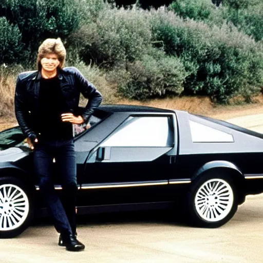 Prompt: a photo taken on the set of the tv show knight rider in 1 9 8 2, showing kitt the car from the series with michael knight posing in front