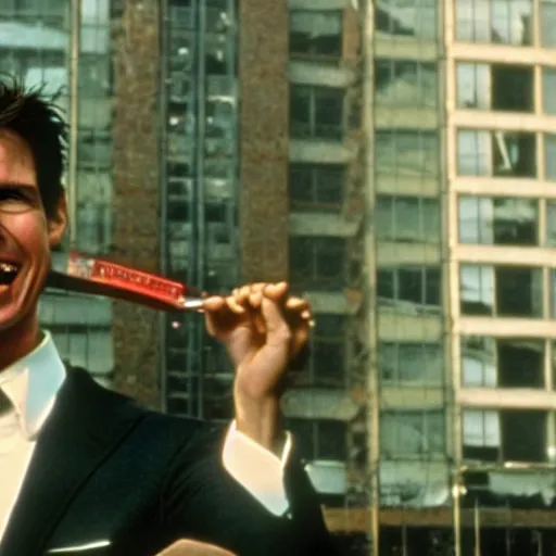 Prompt: Tom Cruise with a psychotic grin, as Patrick Bateman in American Psycho (2000)