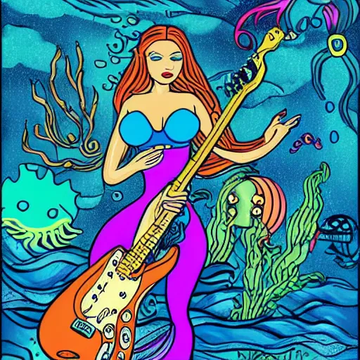 Image similar to illustration of a mermaid playing an stratocaster electric guitar, under the sea, limited colours, poster