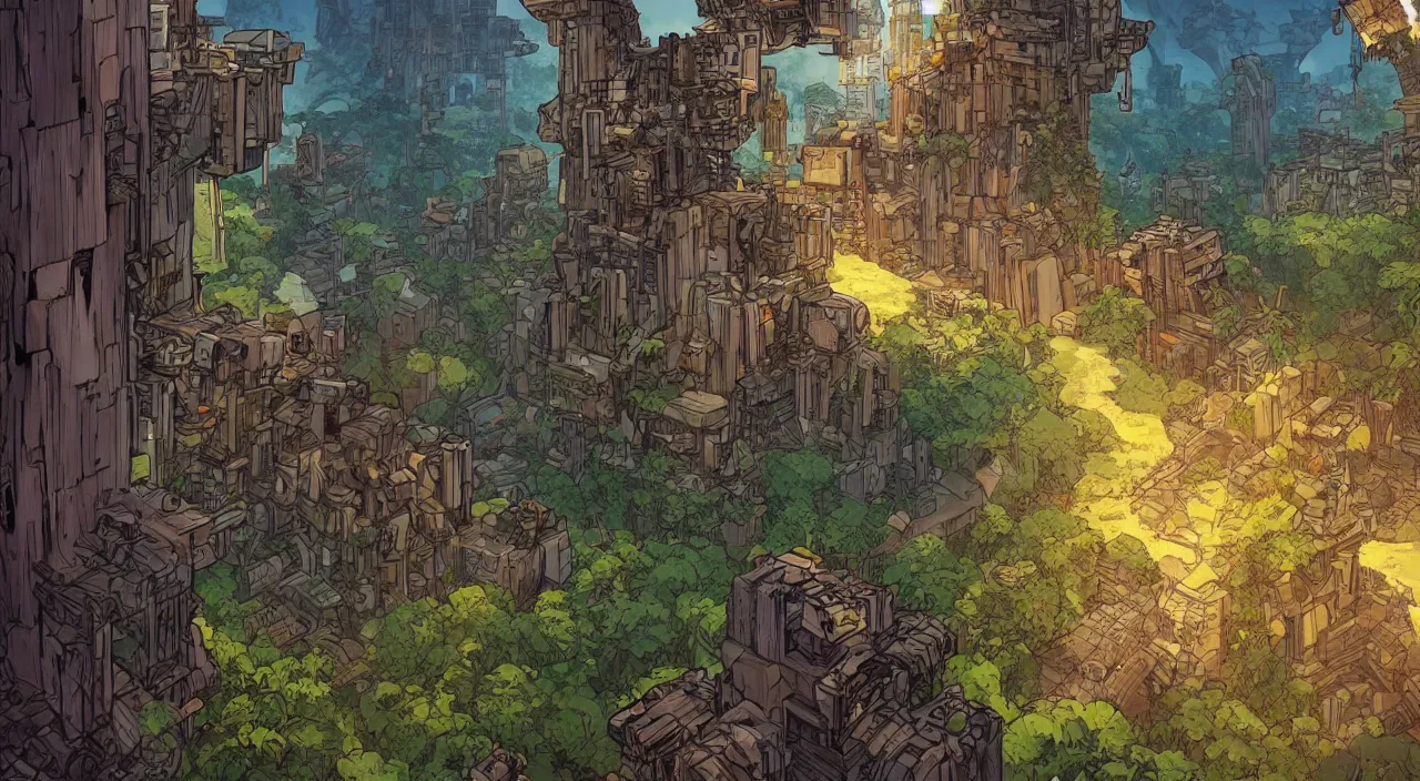 Image similar to open door wood wall fortress greeble block amazon jungle on portal unknow world ambiant fornite that looks like it is from borderlands and by feng zhu and loish and laurie greasley, victo ngai, andreas rocha, john harris