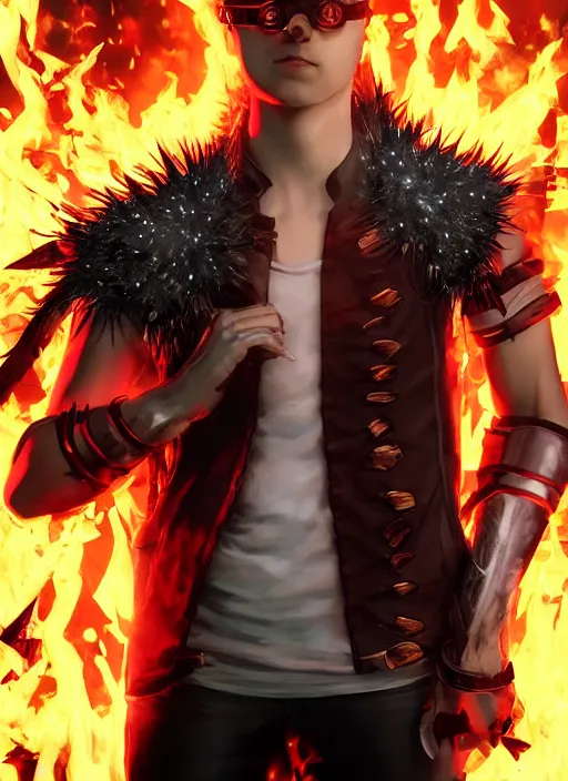 Image similar to An epic fantasy comic book style portrait painting of young man with long red spiked hair. Wearing a black waistcoat, white shirt, using googles. Rockstar. Blasting fire on his hands. Unreal 5, DAZ, hyperrealistic, octane render, cosplay, RPG portrait, dynamic lighting