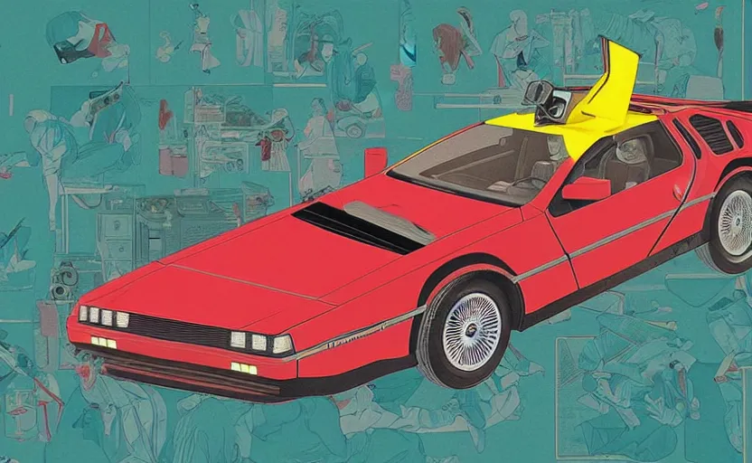 Prompt: a red delorean x a yellow tiger, art by hsiao - ron cheng & utagawa kunisada in magazine collage style # de 9 5 f 0