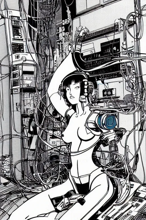 Image similar to a perfect cyberpunk illustration of a female android seated on the floor in a tech labor, seen from the side with her body open showing cables and wires coming out, by masamune shirow and katsuhiro otomo, japan, 1980s, dark, colorful