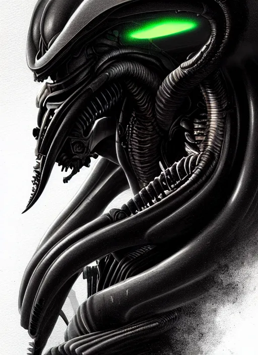 Image similar to profile! portrait of xenomorph, sci - fi, black tech wear, glowing lights! dark, cool colors, acid, intricate, highly detailed, digital painting, artstation, concept art, smooth, sharp focus, illustration, art by h r giger and greg rutkowski