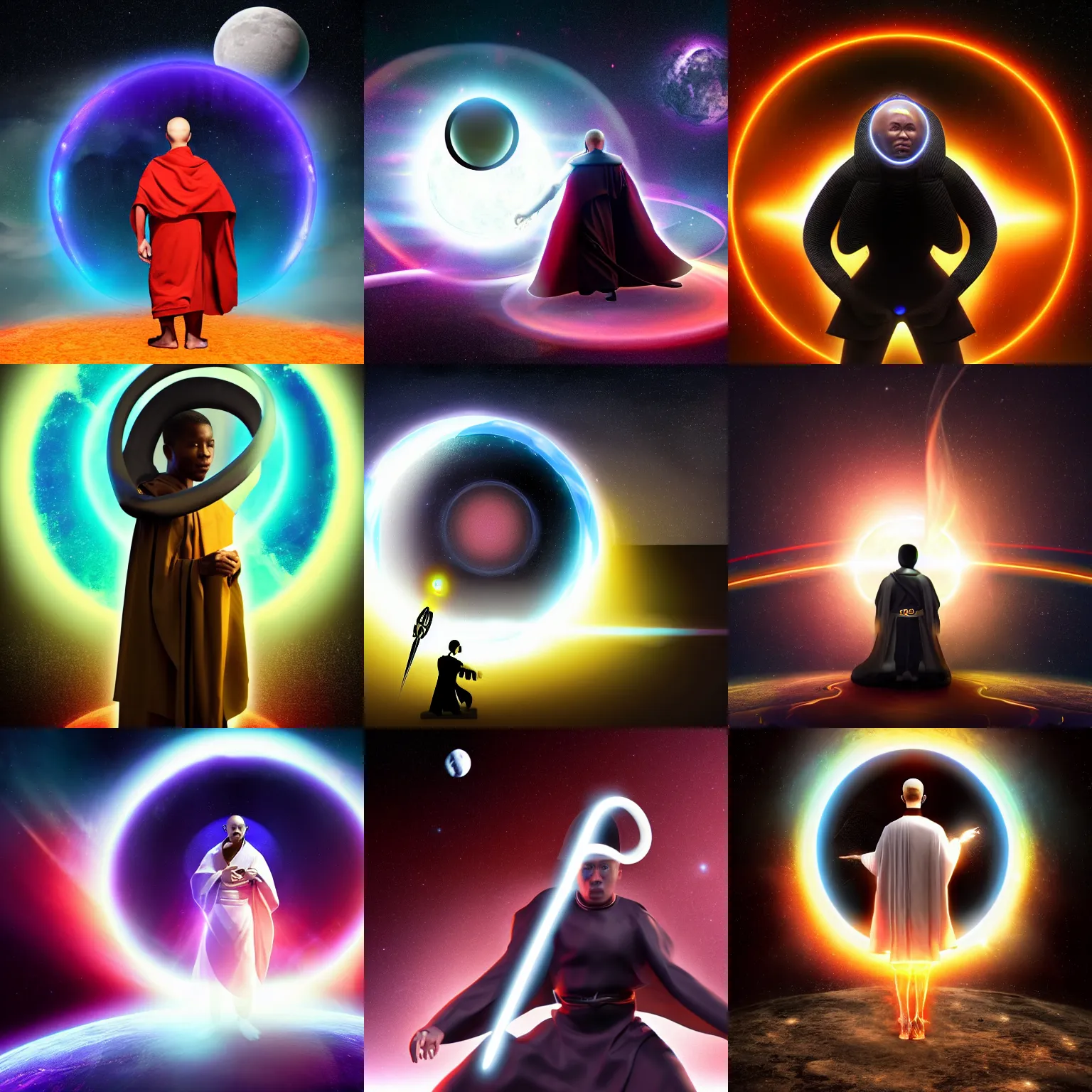 Prompt: futuristic monk with a black hole instead of his head holding an energy sword, 8K resolution, very aesthetic, moon surface background
