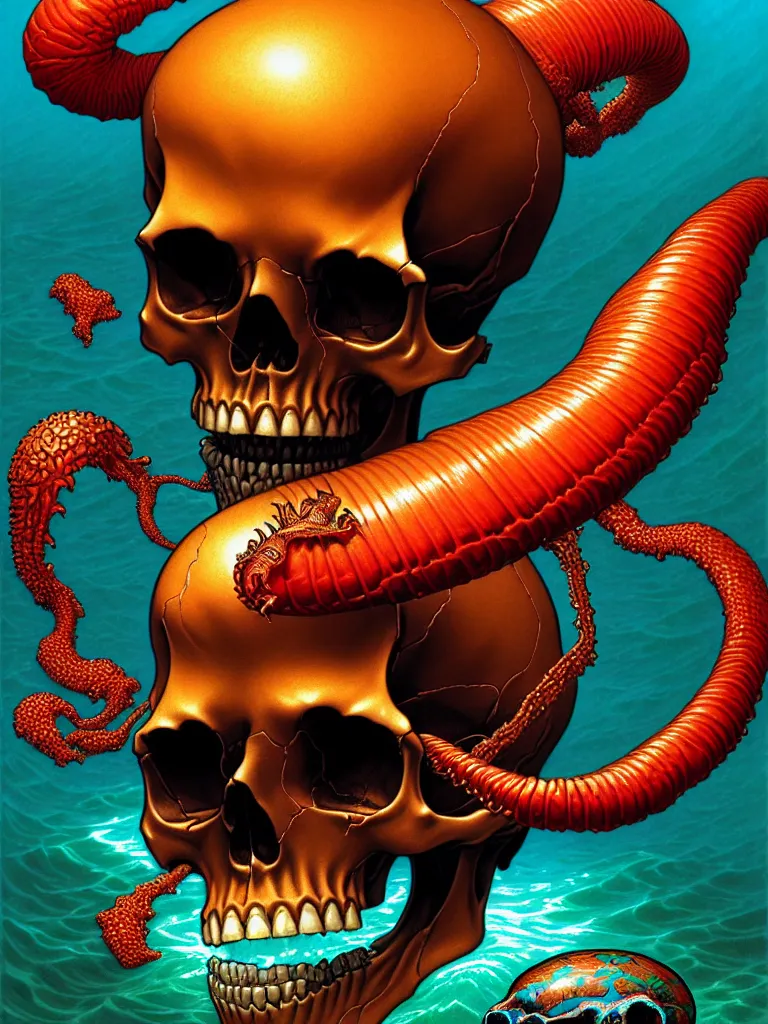 Prompt: a single skull in the sea by dan mumford and greg hildebrandt and donato giancola and raymond swanland and peter driben and william - adolphe bouguereau and roberto ferri, glowing red skull, blue jellyfish, green water, highly detailed, high contrast, intricate details, blended palette