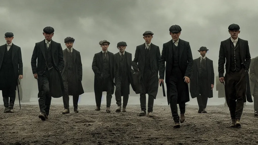 Image similar to the peaky blinders with shrimp heads, film still from the movie directed by denis villeneuve with art direction by zdzis