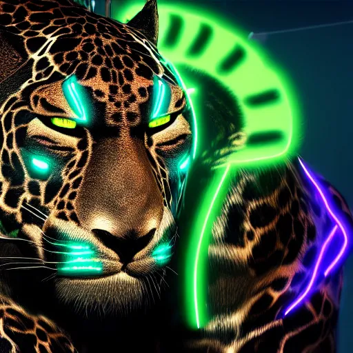 Image similar to portrait of a neon cyberpunk cyborg jaguar animal, octane render