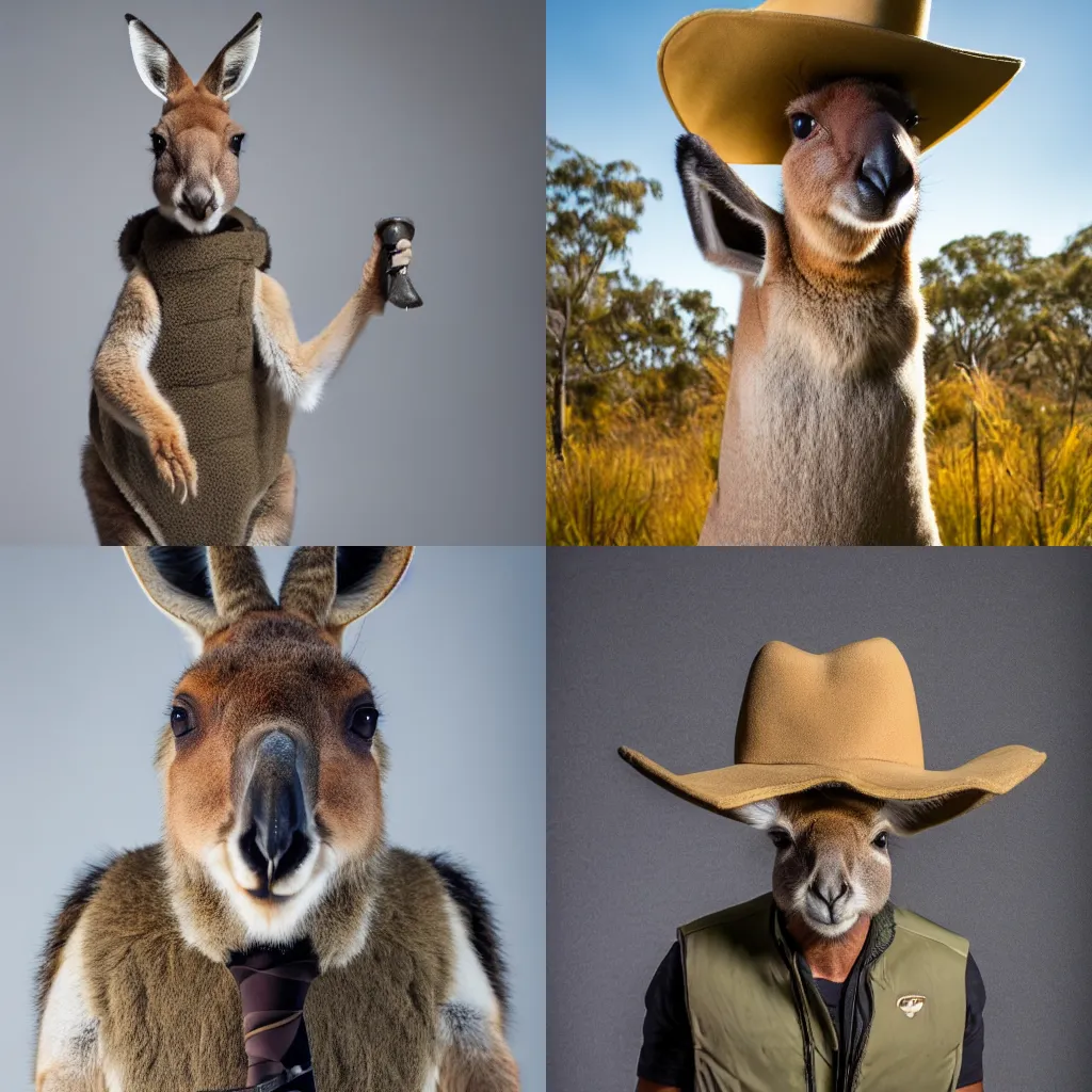 Prompt: a photo of a kangaroo wearing a hunters hat and vest, standing tall and strong with a hunters hat and vest, studio photography, 8 k