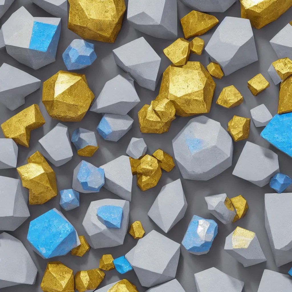 Image similar to 3 dimensional solid large globular geometric 3 d shapes made of solid impasto oil paint, with strong top right lighting creating shadows, each shape has a covering of sparkling golden pyrites cubes, colours cream and blue - grey