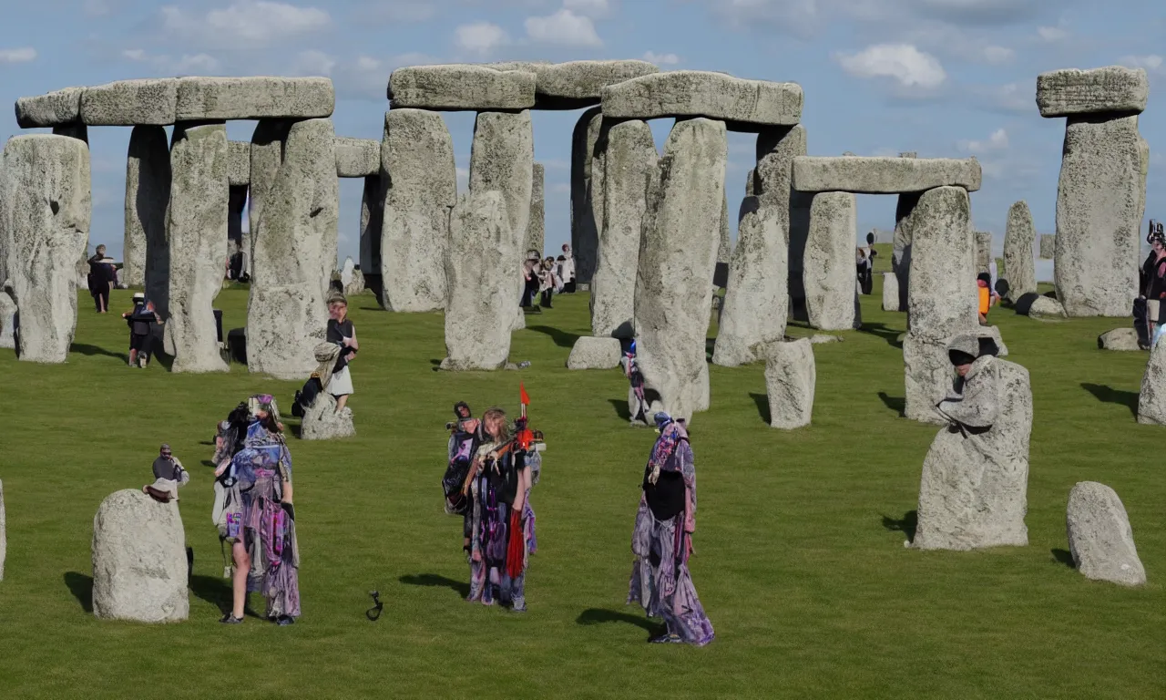 Prompt: Robot druids observing the summer solstice at Stonehenge