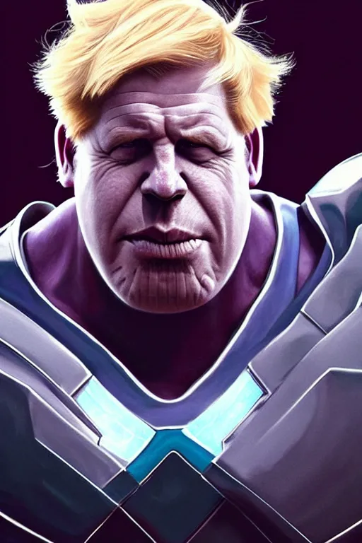 Image similar to Boris Johnson as Thanos, claws are up, X-man costume, Boris Johnson hairstyle, calm, grumpy, portrait, masculine figure, highly detailed, digital painting, artstation, concept art, smooth, sharp focus, illustration, cinematic lighting, art by artgerm and greg rutkowski and alphonse mucha