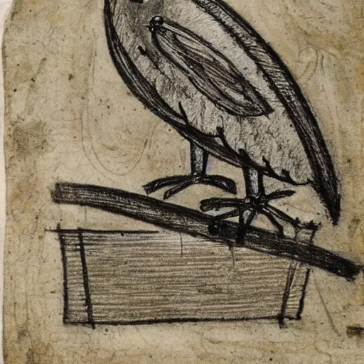 Image similar to medieval sketch of an exhausted anthropomorphic bird resting