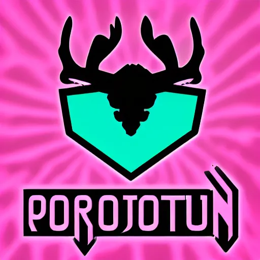 Image similar to logo for corporation called protoneo that involves deer head, symmetrical, retro pink synthwave style, retro sci fi