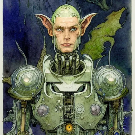 Image similar to a realistic and atmospheric watercolour fantasy character concept art portrait of a mechanized android elf as a druidic warrior wizard looking at the camera with an intelligent gaze by rebecca guay, michael kaluta, charles vess and jean moebius giraud