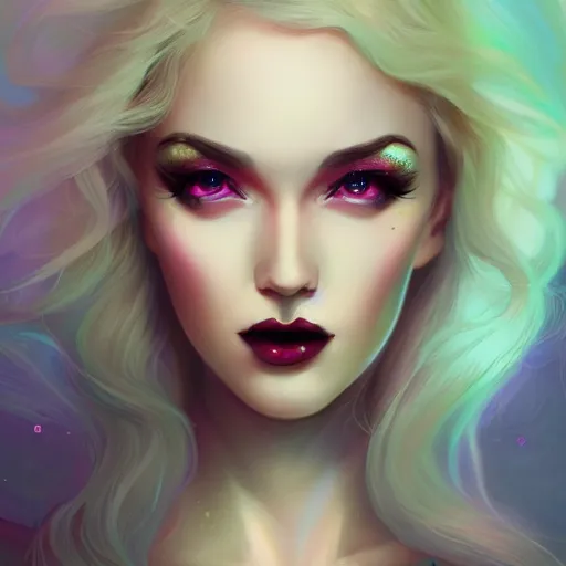 Image similar to portrait of a woman inspired by lois van baarle, charlie bowater, anna dittmann, illustration, iridescent, iridescent hair, face, hair styles, gothic makeup, glitter, self confidence, cinematic 8 k