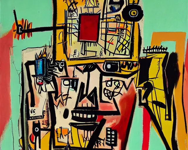 Image similar to painting of a cyborg questioning his reality by graham sutherland, basquiat, neo - expressionism, muted colors!!!