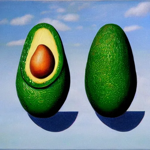 Image similar to surrealistic avocado on toast by renee magritte, oil on canvas