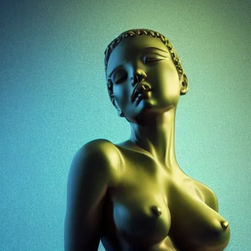 Image similar to romantistic portrait, painting, teal chinese abstract statue shattered standing in god rays, beautiful female body and golden glue dripping acrylic portrait, mechanical superstructure, sacred geometry, supermodel body, beautiful light, statue of carving marble, intricate 8 k render, dark mood, cinematic light, golden spirals, clockwork