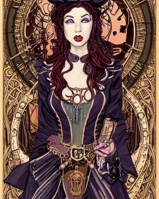 Image similar to a detailed portrait illustration of a steampunk witch - courtesan. looks like kenzie reeves. art nouveau, pop art, comic book style. influenced by neil gaiman, h. p. lovecraft, dan mumford, brian froud, vadim voitekhovitch, killian eng, ross tran.