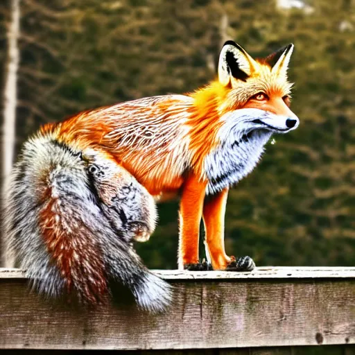 Prompt: one lone fox ontop a wooden fence