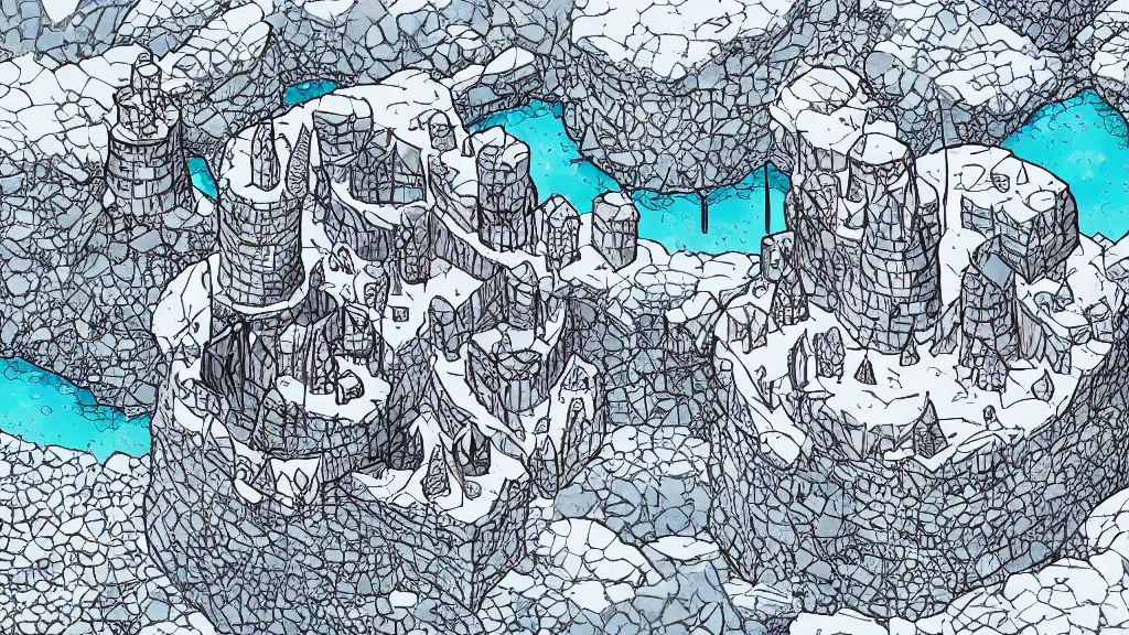 Prompt: Aerial view of a wizard tower surrounded by an ice cave, a fire cave, an ice mine and a fire mine, lineart, colored