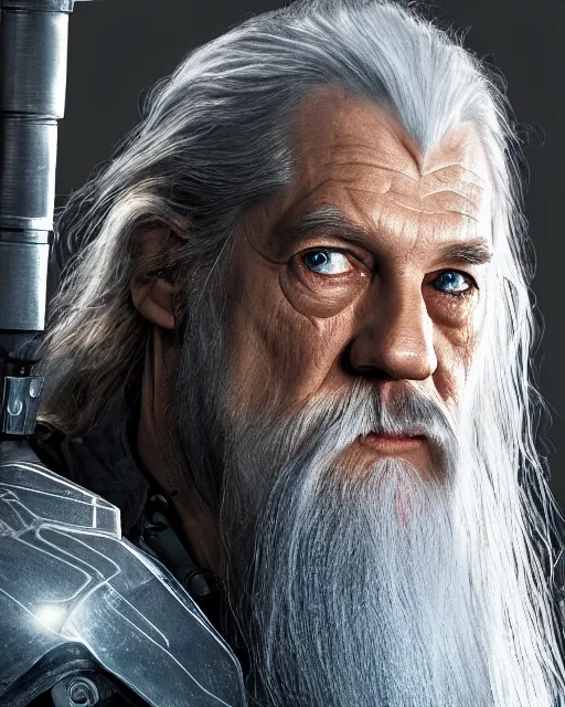 Image similar to gandalf with cybernetic enhancements, androidscifi character portrait by 1 / 4 headshot, cinematic lighting, dystopian scifi gear, gloomy, profile picture, mechanical, half robot, implants, steampunk