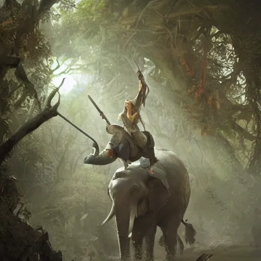 Prompt: a viking riding an elephant in a jungle, digital art, art by greg rutkowski, artstation, deviantart, highly detailed, photorealistic, fantasy art, clean, western comic art, award winning commission