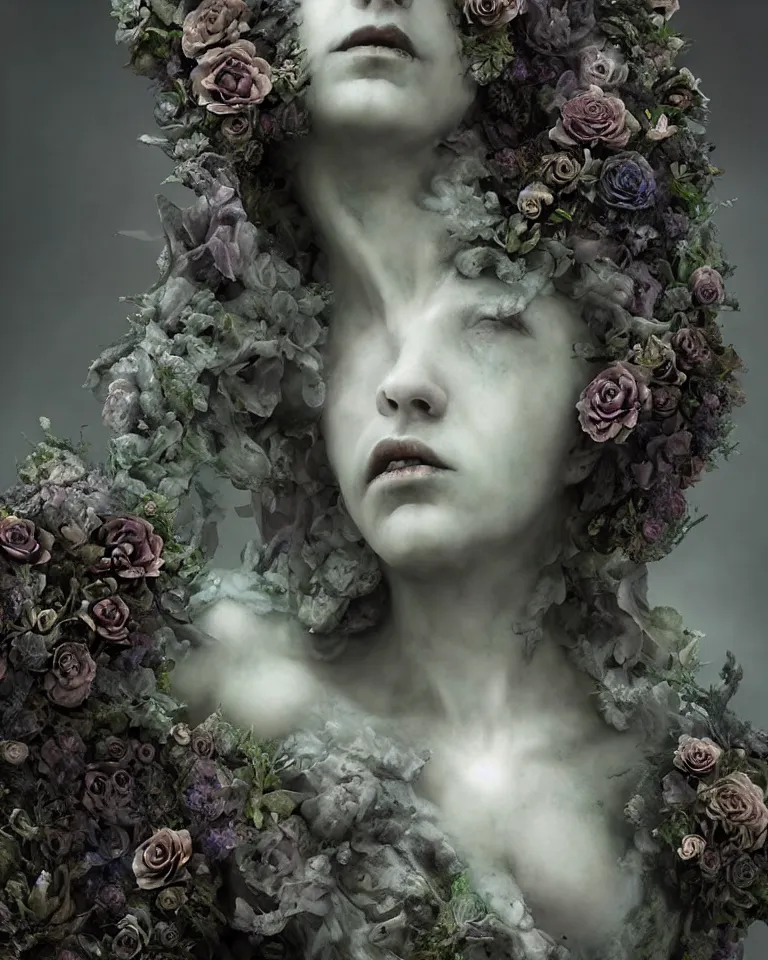 Image similar to portrait of a gothic cemetery statue made of mist and flowers, cosmic horror, mutating into mist, cinematic lightning, Andrew Ferez, Charlie Bowater, Marco Mazzoni, Seb McKinnon, Ryohei Hase, Alberto Seveso, Kim Keever, trending on cgsociety, featured on zbrush central, new sculpture, mystical